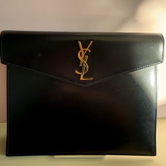 Yves Saint Laurent Black Leather Envelope Clutch Gold Logo - Picture 7 of 11